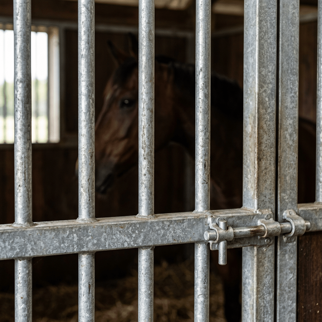 Galvanized Steel Stable Gate with Horse A close-up view of a galvanized steel stable gate with a latch, through which a brown horse is visible inside a stable stall.
