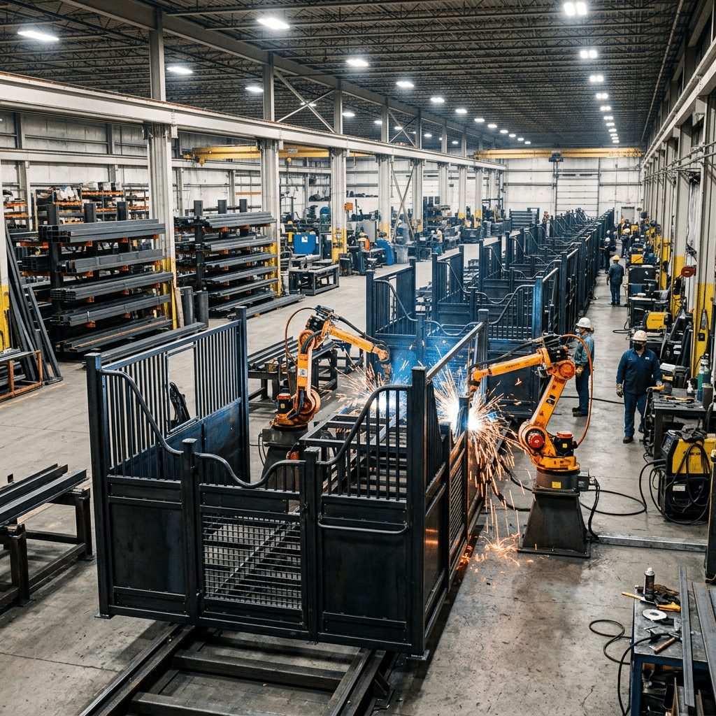 Hot-Dip Galvanizing Process for Horse Stalls Industrial factory scene showing a galvanized steel horse stall panel being dipped into a molten zinc bath for rust protection.