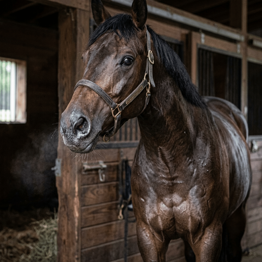 A strong, dark brown horse stands in a wooden stable stall, wearing a halter, with visible stable equipment and hay in the background.