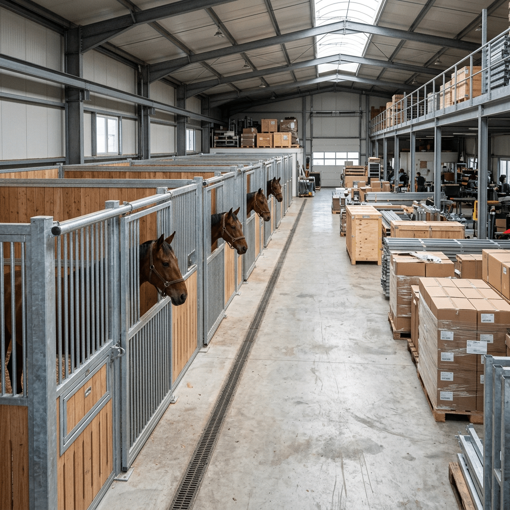 Equestrian Equipment Warehouse with Stalls and Crates Interior view of a professional equestrian warehouse showing assembled horse stalls and numerous wooden crates prepared for shipping.