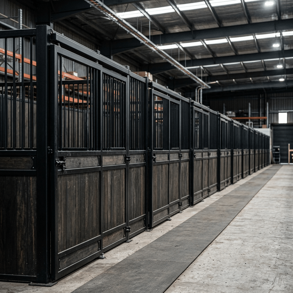 Modern Horse Stalls & Stable Equipment Solutions A row of sleek, modern horse stalls with black metal frames and wooden panels inside a spacious stable facility.