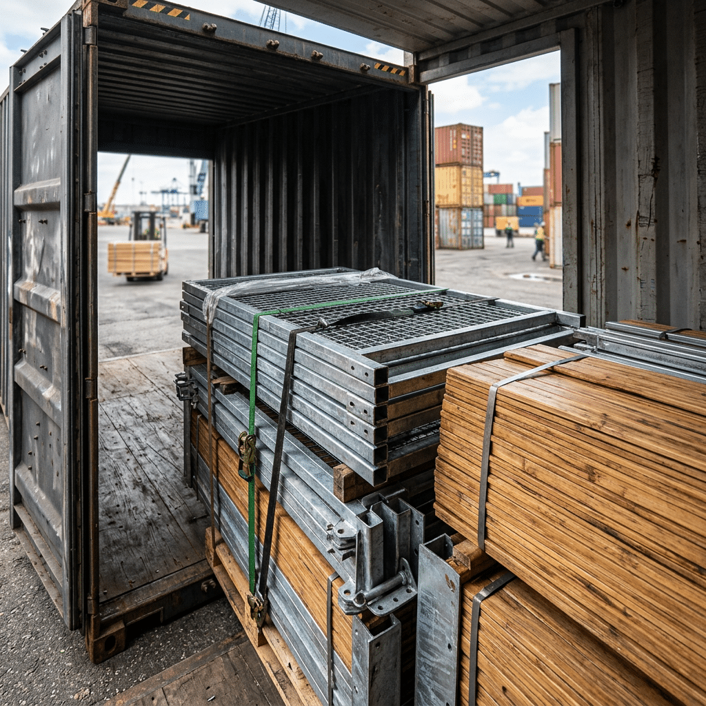 Horse Stable Equipment in Shipping Container A shipping container open to reveal stacks of galvanized steel horse stable equipment, including panels and racks, secured with straps, set against a backdrop of a busy port with containers and workers.