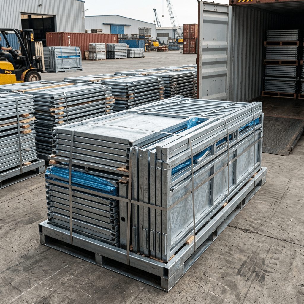 Galvanized Steel Stable Panels for Export Stacks of galvanized steel stable panels neatly bundled and ready for export, displayed in an industrial shipping yard with a forklift and shipping containers in the background.