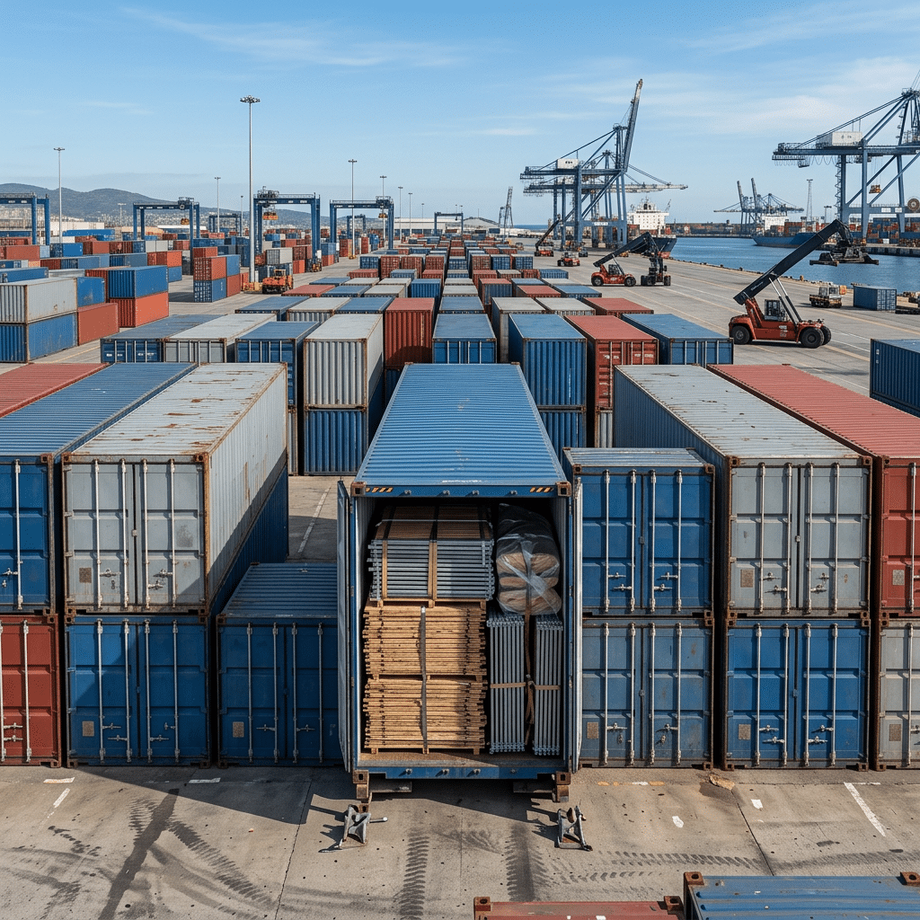 Port Logistics for Horse Stable Kits A busy shipping terminal featuring a container loaded with professional horse stall kits ready for global transport.