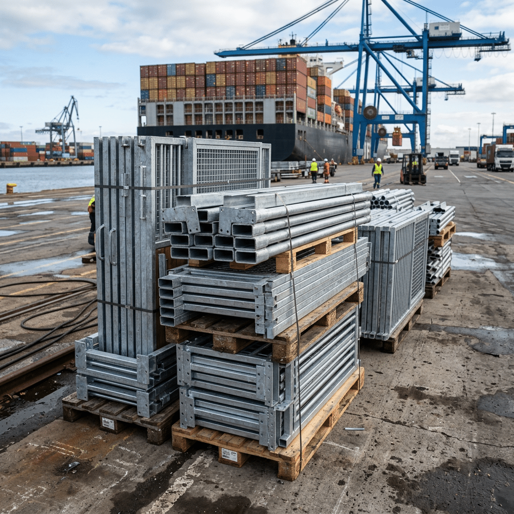 Stacks of galvanized steel horse stable equipment on wooden pallets at a bustling port, with a large cargo ship and cranes in the background.