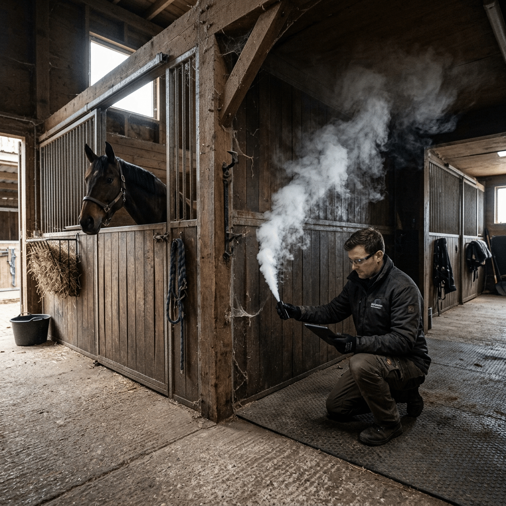 A man in a stable inspecting equipment while holding a smoke device, with a horse visible in the background inside a wooden stall.