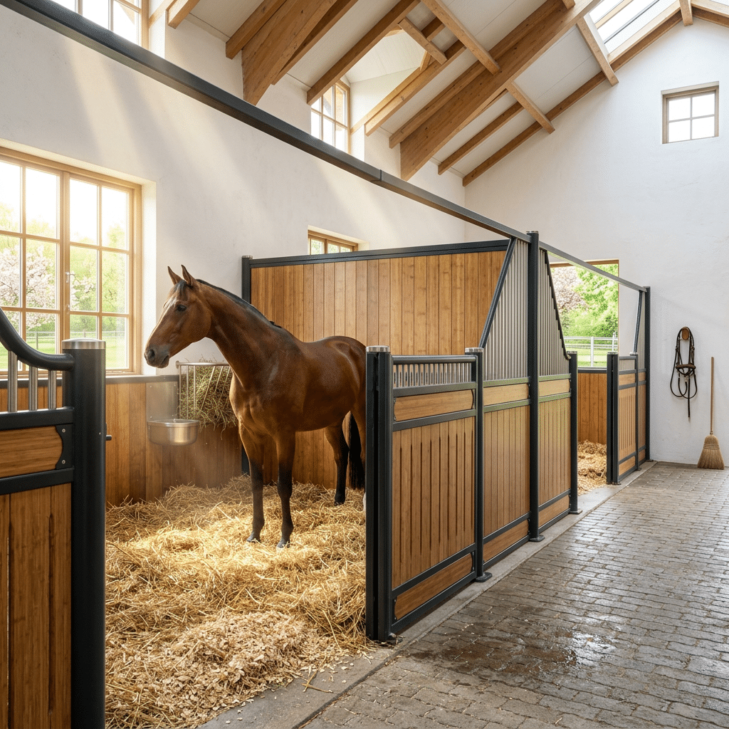 A well-lit stable with a brown horse standing in a stall featuring wooden panels and galvanized steel gates, showcasing high-quality horse stable equipment.