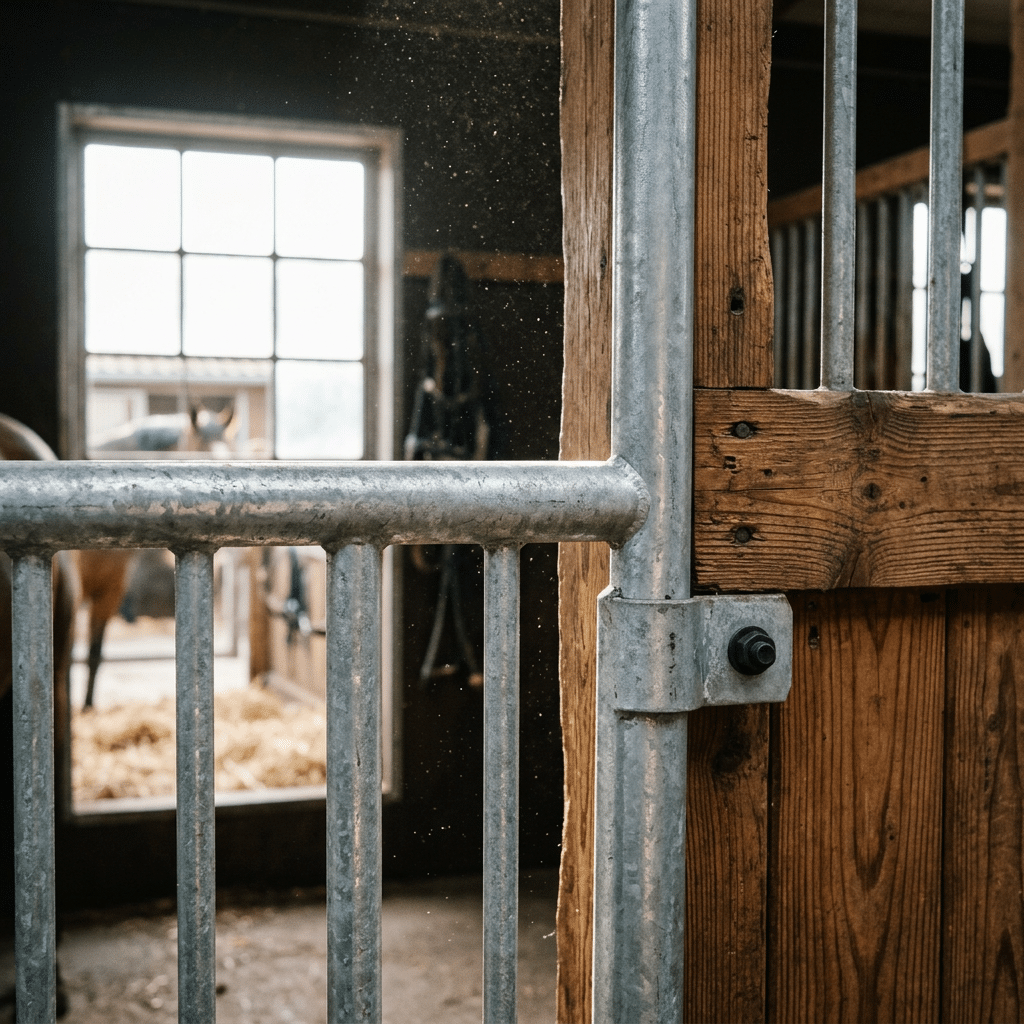 Detailed view of high-quality galvanized steel hardware and sustainable wooden panels in a horse stall.