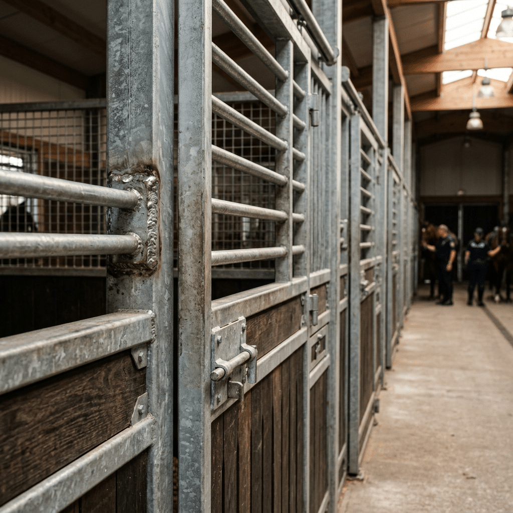 A row of galvanized steel horse stalls with wooden doors in a stable, featuring sturdy metal bars and latches, set in a well-lit indoor facility.