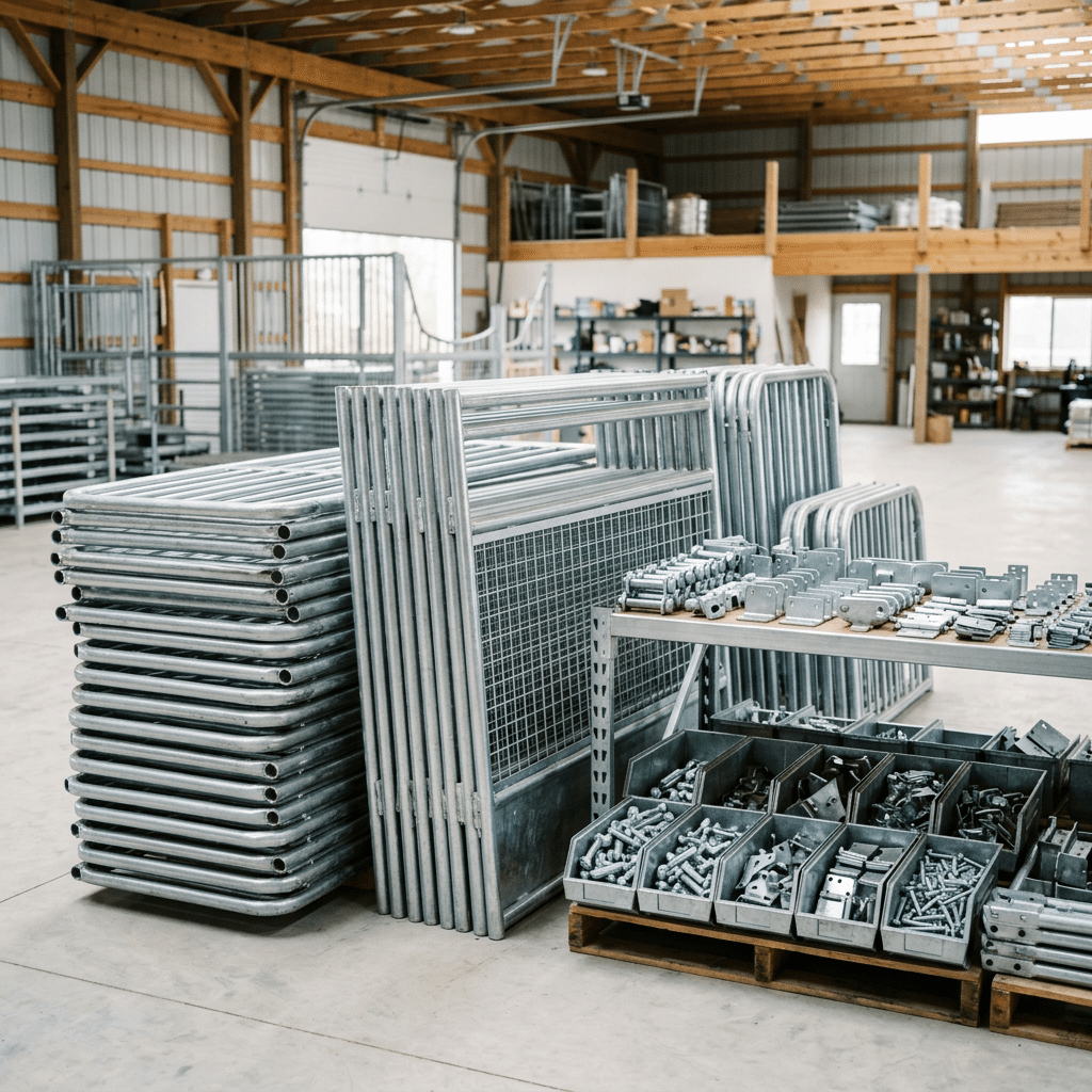 Galvanized Horse Stall Kit Components and Hardware A well-organized warehouse featuring stacked galvanized horse stall panels, gates, and bins of assembly hardware.