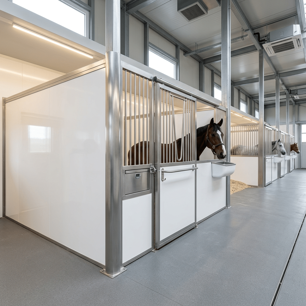 Modern Horse Stalls & Stable Equipment Solutions A row of modern horse stalls with galvanized steel frames and white panels, featuring horses in a clean, well-lit stable environment.