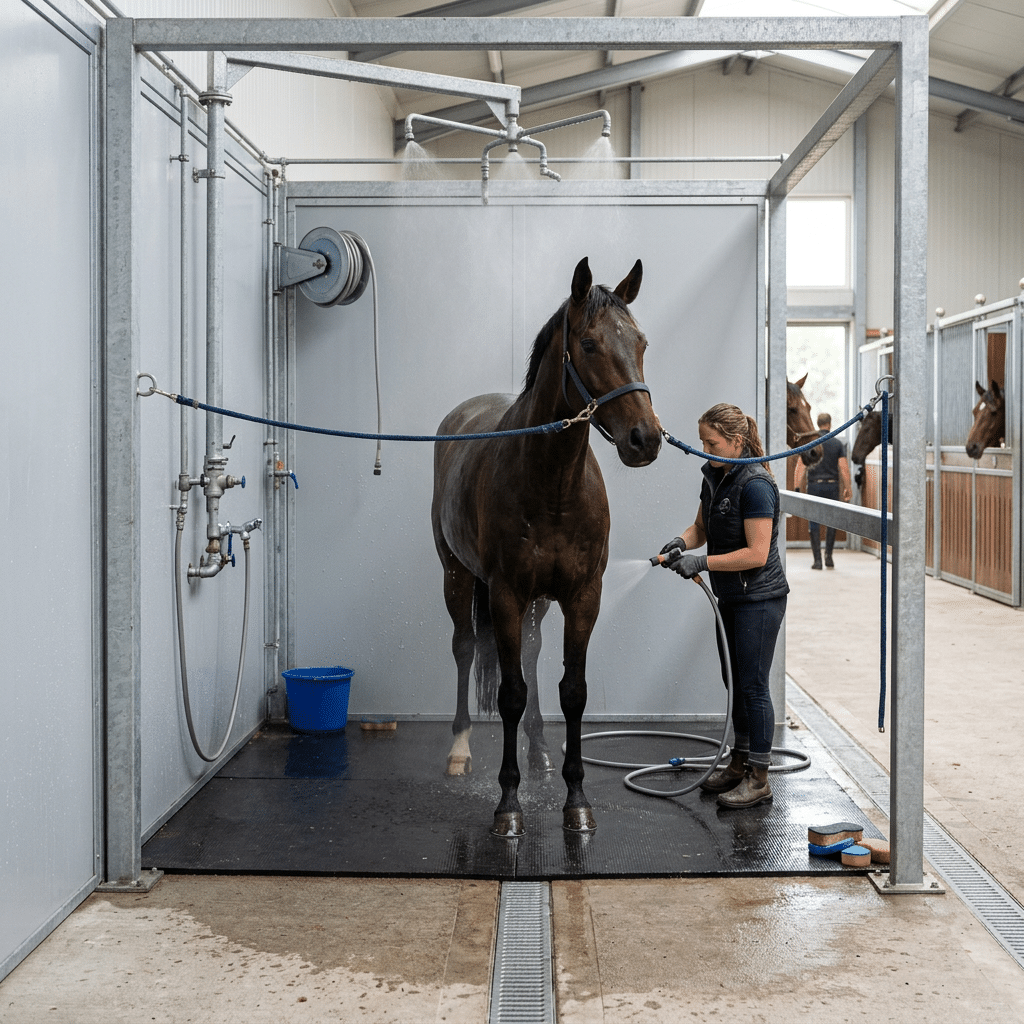A woman washing a horse in a modern, galvanized steel horse washing stall equipped with hoses and nozzles, located within a stable environment.