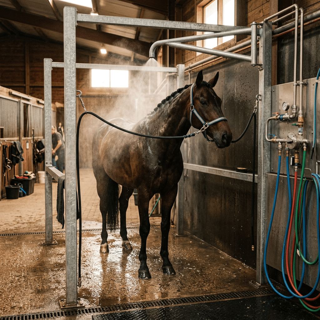 A horse is being washed in a modern stable washing stall equipped with galvanized steel fixtures and colorful hoses, showcasing high-quality horse stable equipment.