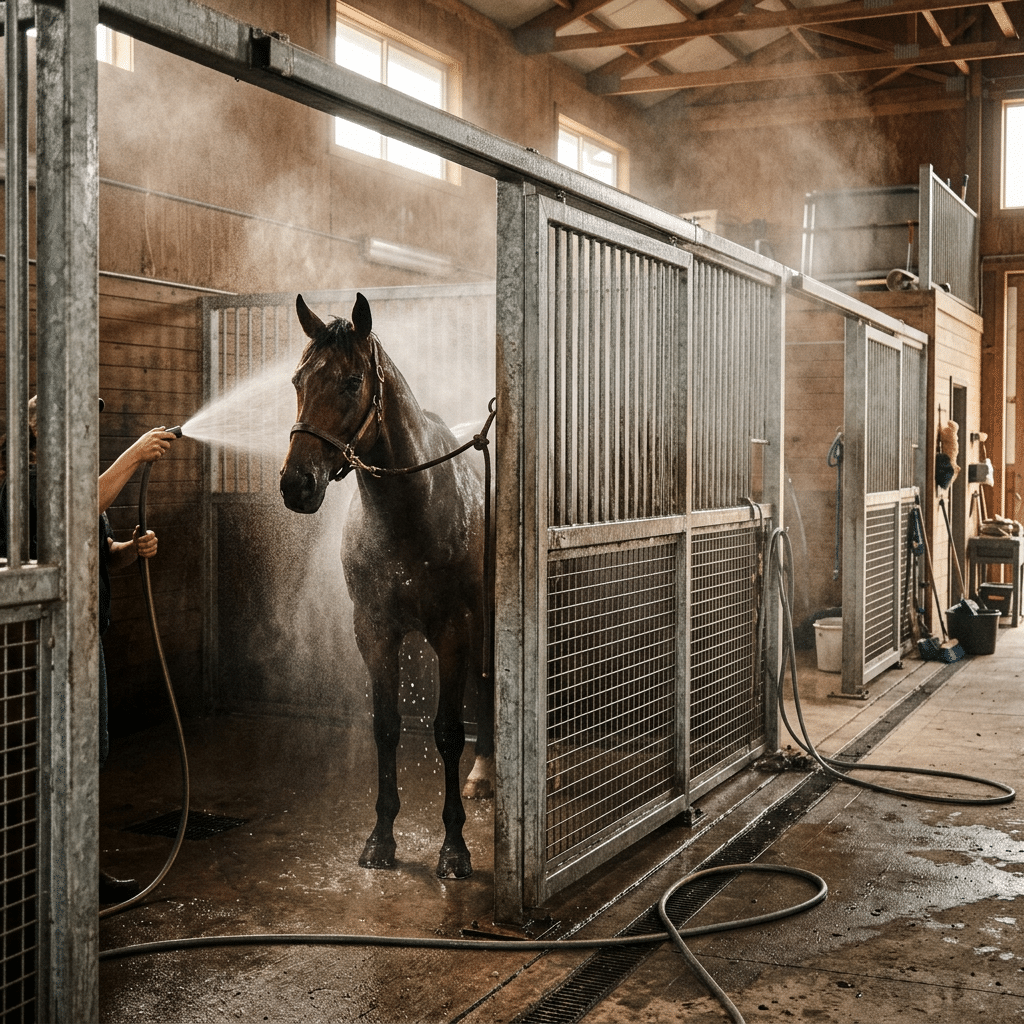 A person washing a horse with a hose inside a stable stall, showcasing the use of durable galvanized steel stable panels and equipment.