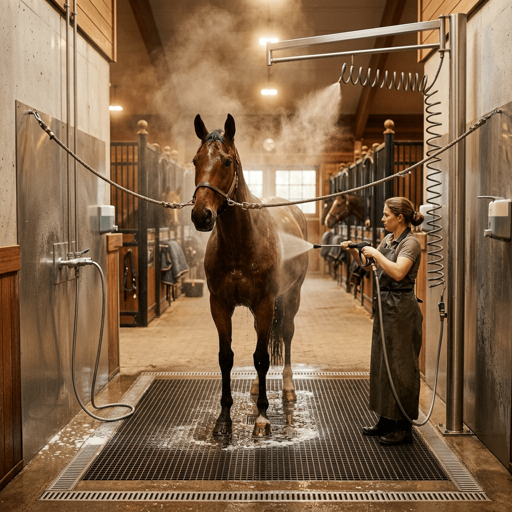 Horse Washing Stall with Professional Equipment A woman in an apron is washing a brown horse in a modern stable stall equipped with galvanized steel panels and a pressure hose, with other horses visible in the background.