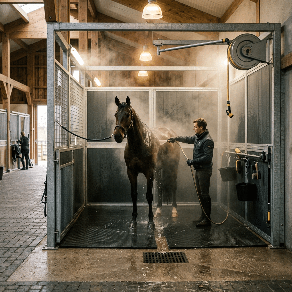 A man washing a horse in a modern, enclosed stable washing stall equipped with galvanized steel panels and a hose system, showcasing high-quality horse stable equipment.