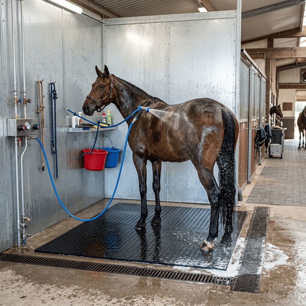 A horse is being washed in a modern stable washing stall featuring galvanized steel walls and equipment, with a blue hose spraying water and buckets for supplies.
