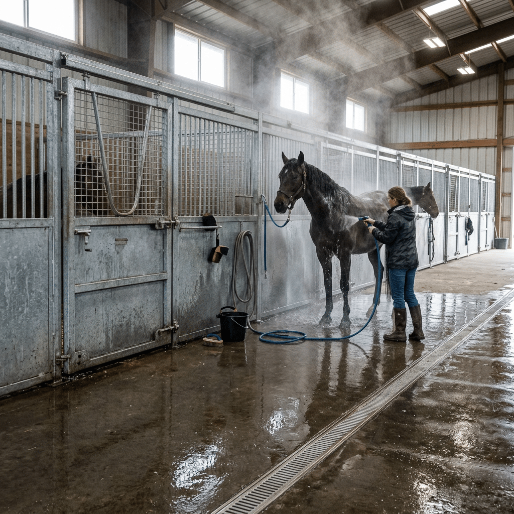 Washing Horse in Stable with Galvanized Panels A person washing a horse inside a stable with galvanized metal stall panels, using a hose while standing on a wet floor with visible drainage.
