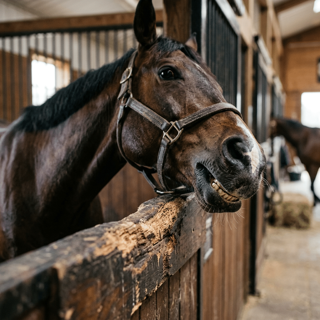 hyperrealistic product photography close-up shot of a horse cribbing on a wooden stall rail inside a professional horse stable, showing wear on the wood, cinematic depth of field, realistic lighting, horse stalls context, no text, no signage, no English characters --ar 16:9