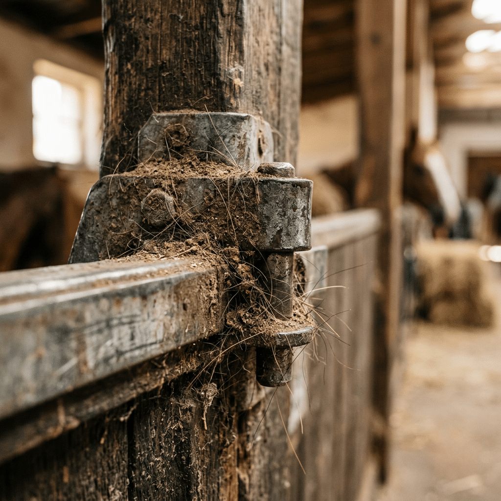 Close-up of a weathered wooden stable post with galvanized metal hardware, showcasing the rugged and durable construction of horse stall equipment.
