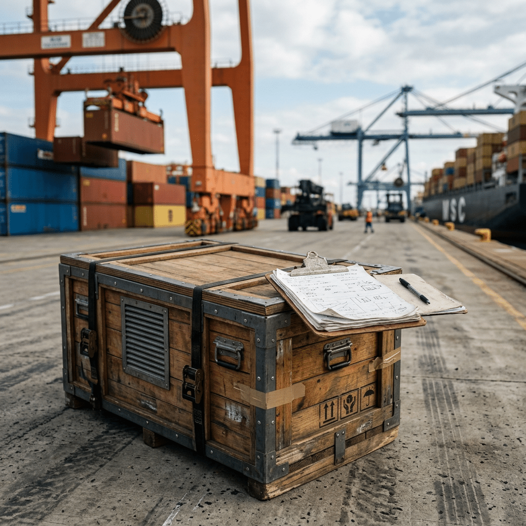 Exporting Horse Stable Equipment Worldwide A wooden shipping crate with a clipboard and pen sits in a bustling port, surrounded by colorful shipping containers and cranes, symbolizing the global export of horse stable equipment.