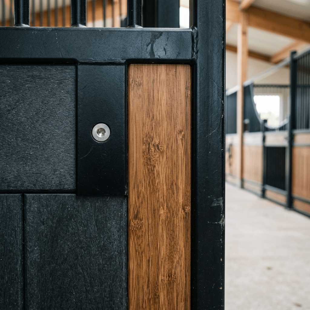 hyperrealistic product photography macro shot of chew-resistant HDPE and bamboo infill materials on horse stalls, smooth durable surface, modern horse stable construction details, high quality materials, no text, no signage, no English characters --ar 16:9