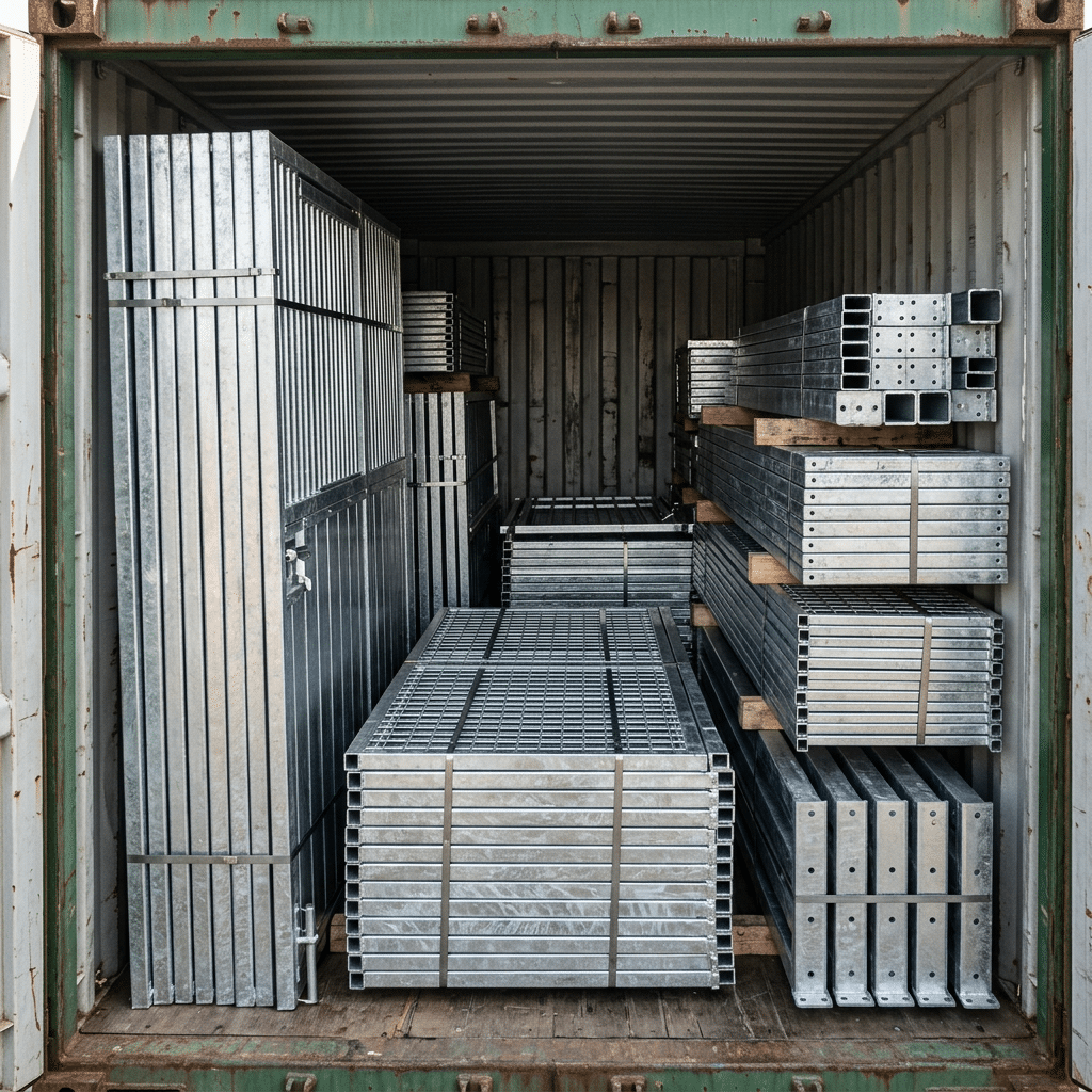 Flat-Pack Horse Stall Kits in Shipping Container Interior view of a shipping container efficiently packed with flat-pack galvanized horse stall components for export.