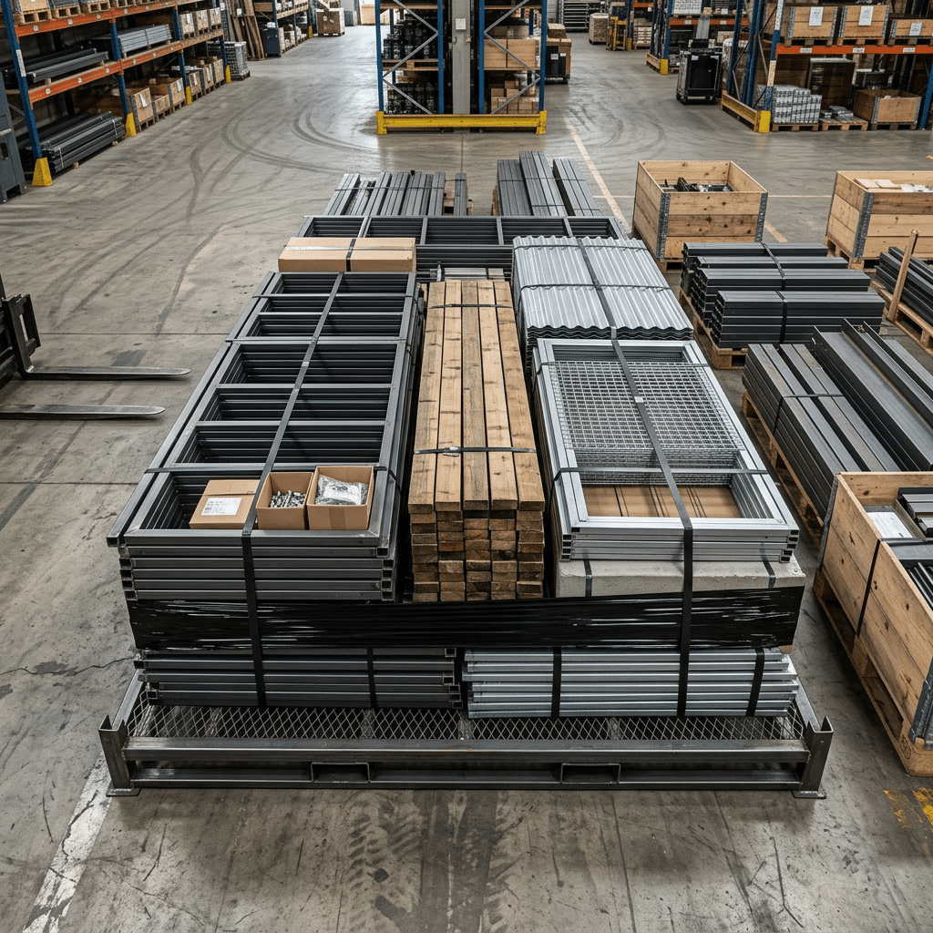 Bundled Galvanized Stall Components for Export Warehouse floor showing neatly bundled galvanized metal partitions and timber planks prepared for container loading.