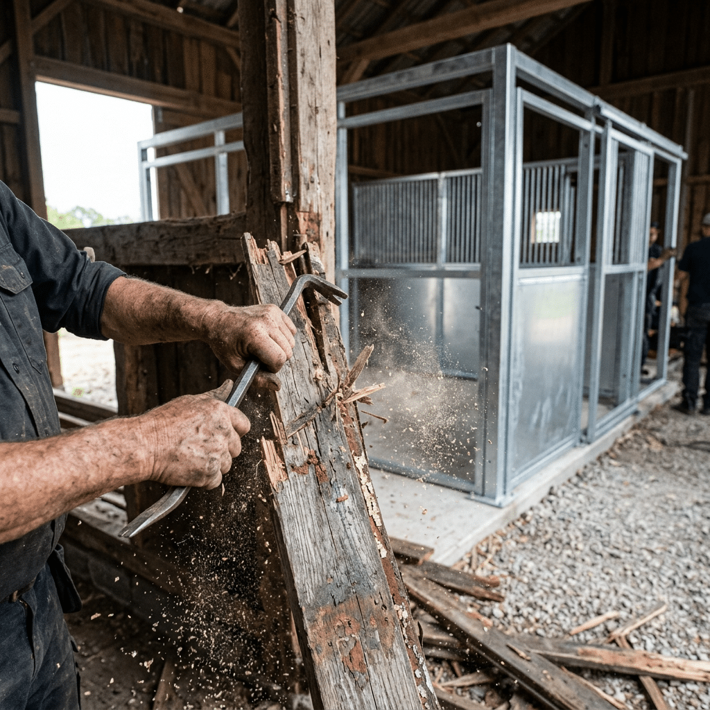 A worker uses a pry bar to remove old wooden planks from a barn structure, with modern galvanized steel horse stalls visible in the background.