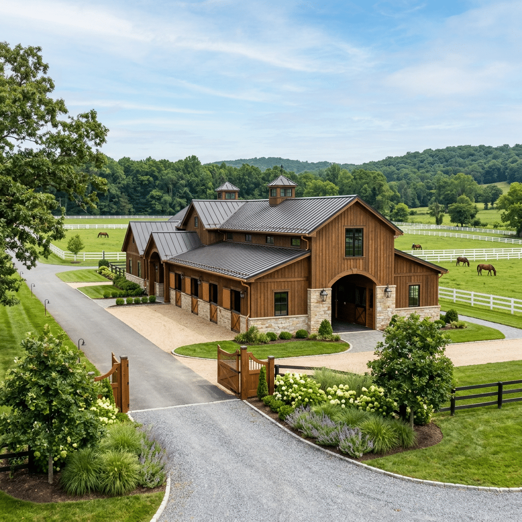 A picturesque horse stable with wooden architecture, featuring multiple stalls and a spacious driveway surrounded by lush green fields and grazing horses.