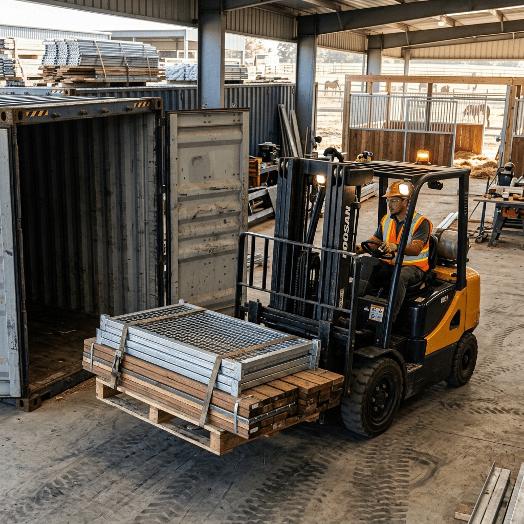 Forklift Loading Stable Equipment at Export Facility A worker in safety gear operates a forklift, loading a pallet of galvanized steel stable panels and wooden components into a shipping container at an industrial export facility.