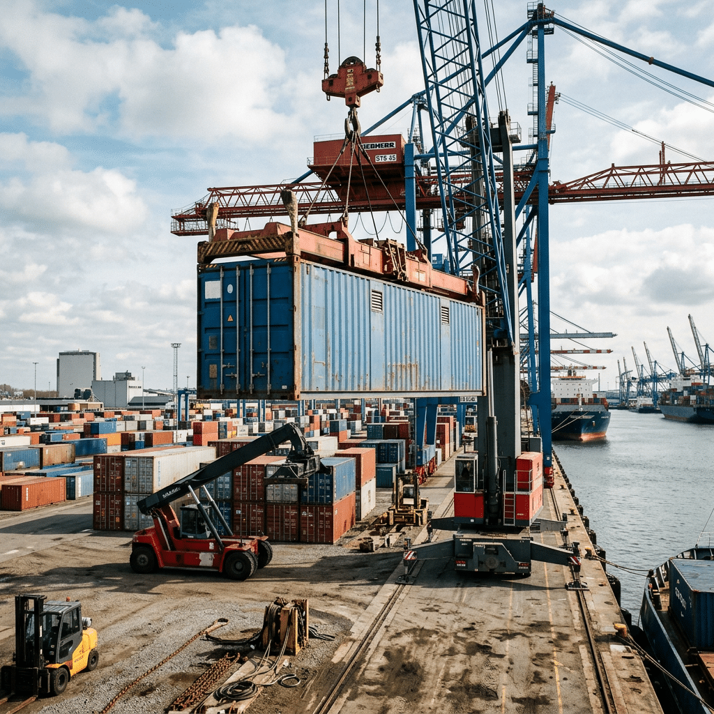 Port Crane Lifting Shipping Container Industrial port scene with a massive gantry crane lifting a blue shipping container for logistics and transport.