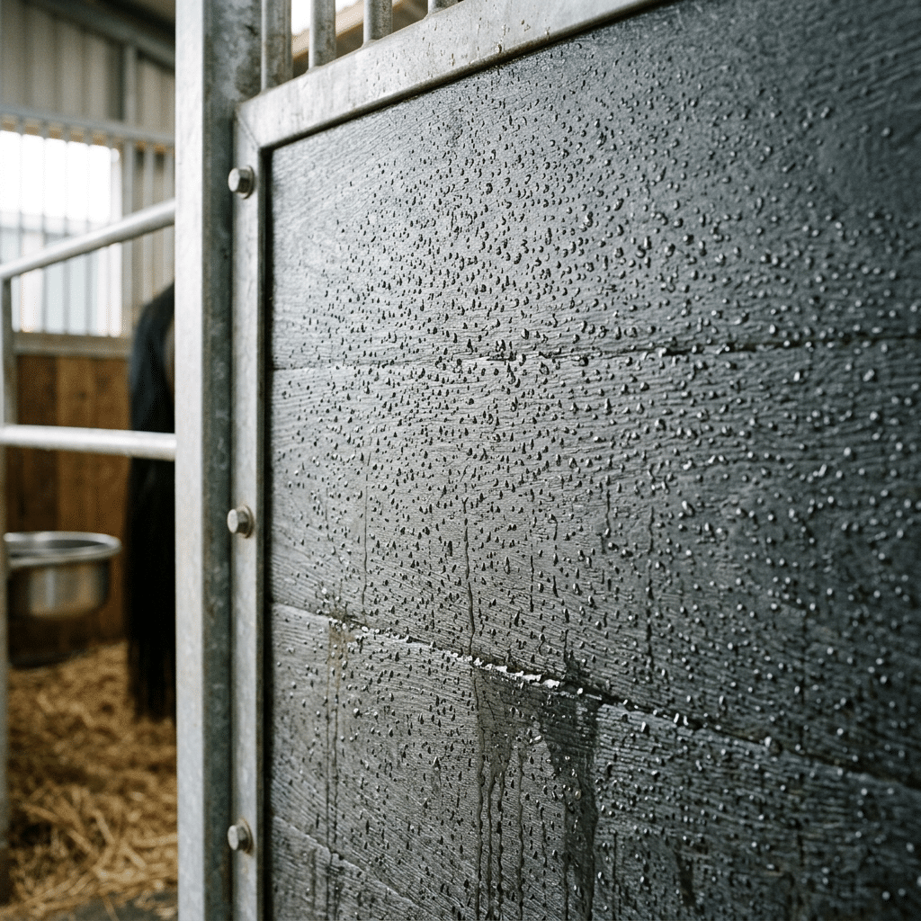 Galvanized Stable Panels for Horse Stalls A close-up view of a galvanized stable panel with water droplets, showcasing its durability and weather-resistant design, commonly used in horse stalls and related equipment.