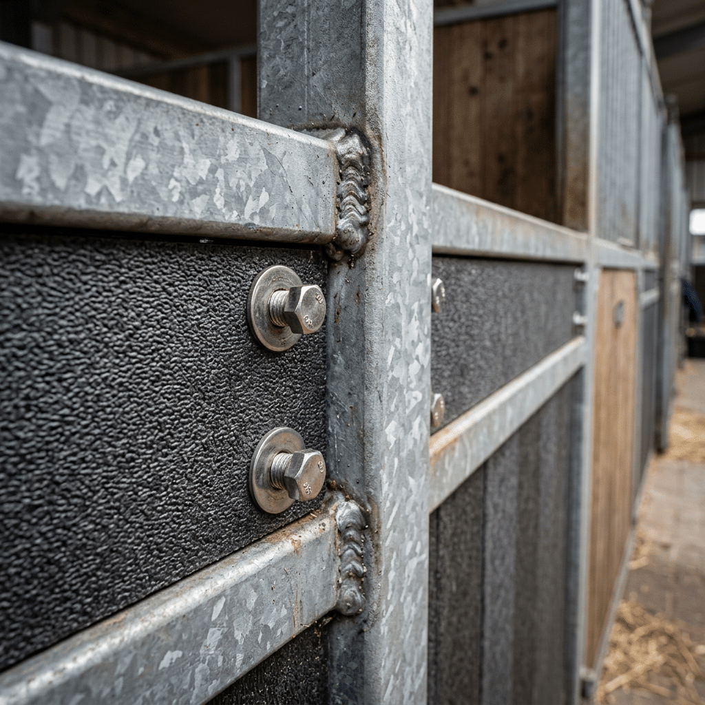Galvanized Steel Stable Panels for Horse Stalls Close-up view of galvanized steel stable panels with textured black inserts, showcasing durable construction and secure bolted connections for horse stalls.