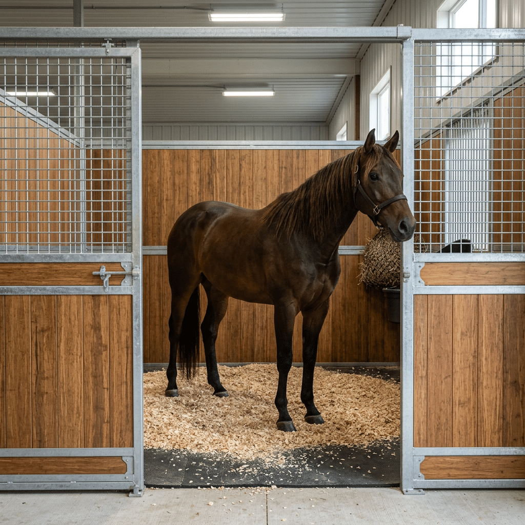 Premium Wooden Horse Stall with Steel Framing A healthy brown horse standing in a premium wooden stall with durable galvanized steel framing.
