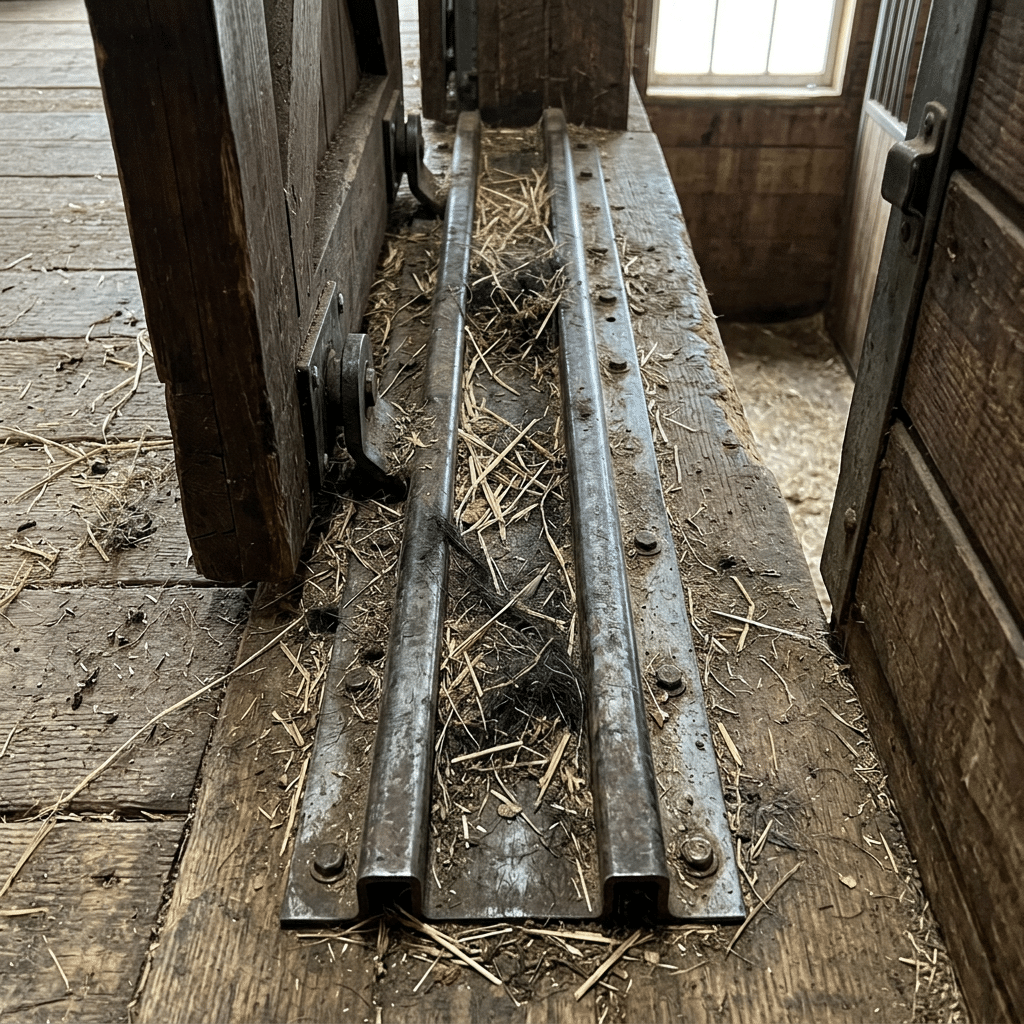 A close-up view of metal tracks embedded in wooden flooring within a horse stable, surrounded by hay and rustic wooden panels.