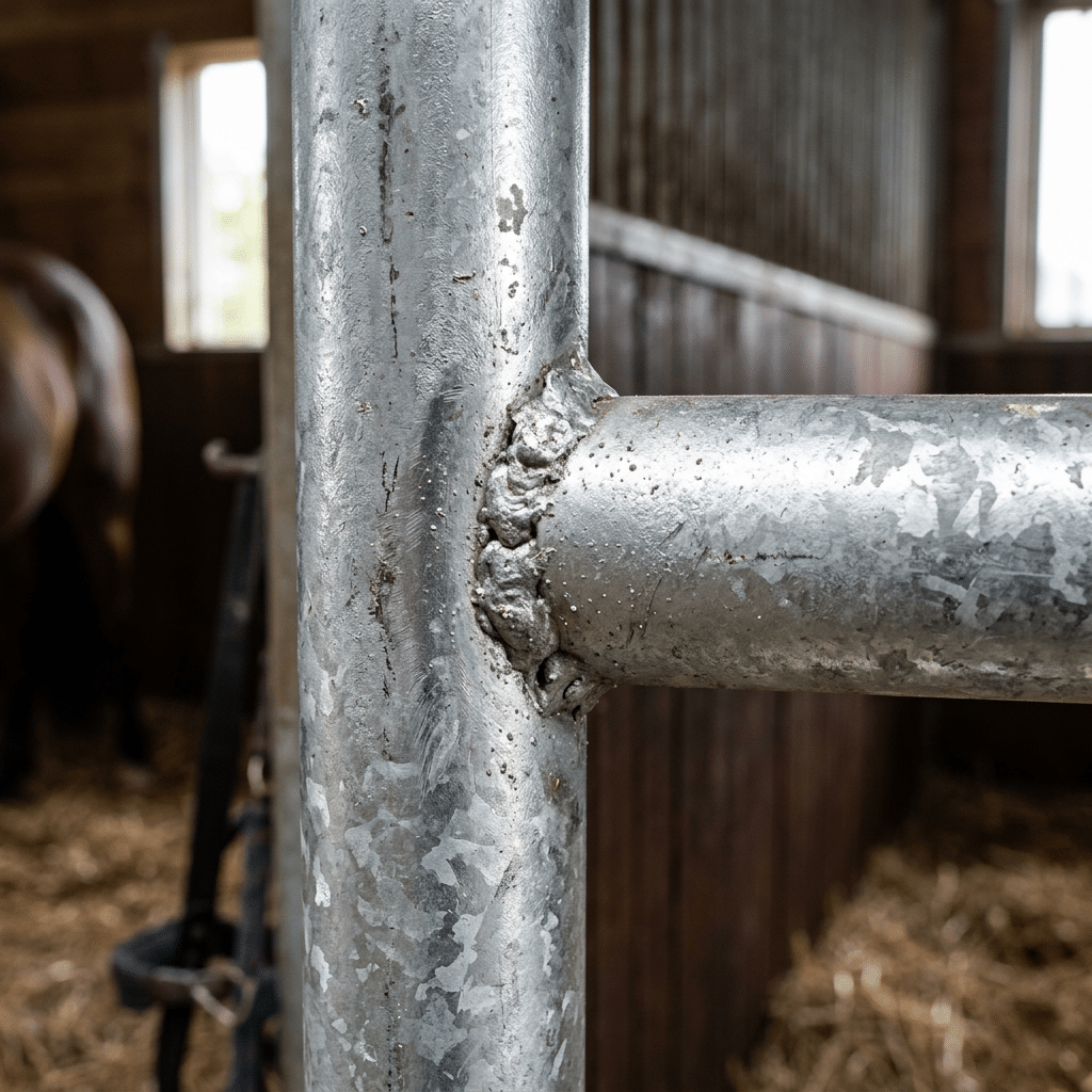 Hot-Dip Galvanized Horse Stall Weld Galvanized steel horse stall components neatly packed and loaded inside a shipping container for transport.