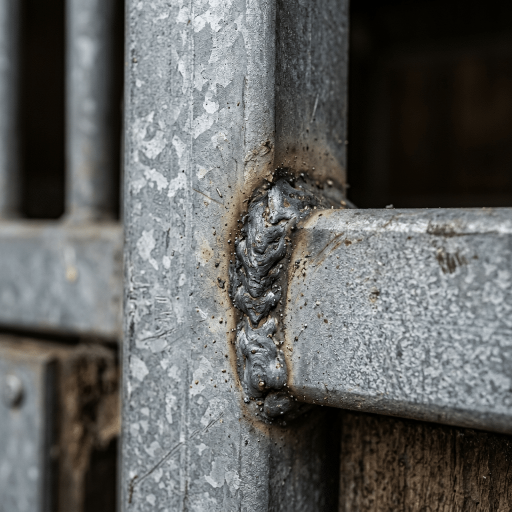 Close-up of a galvanized steel stable panel joint with visible welding, showcasing durability and quality for horse stall equipment.