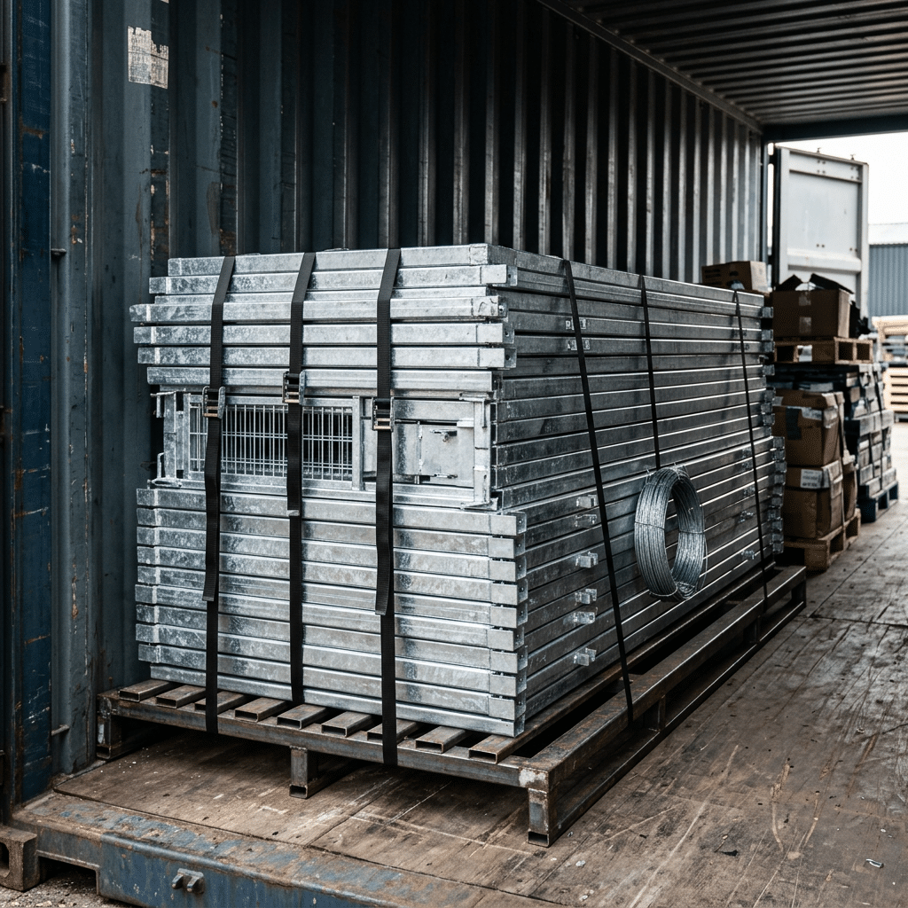 Stacked Horse Stall Panels in Shipping Container Interior view of a shipping container showing professional galvanized horse stall panels neatly stacked on a steel pallet for logistics.