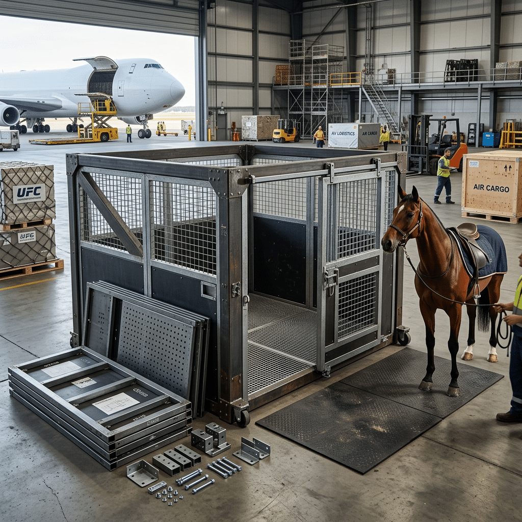 Industrial aviation hangar scene showing a professional heavy-duty Q345B steel horse transport crate ready for air logistics.
