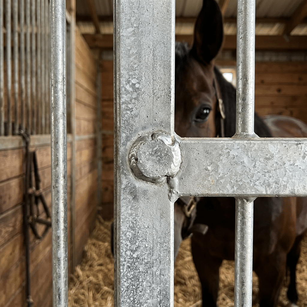 Galvanized Steel Stable Bars for Horse Stalls A close-up view of galvanized steel stable bars in a horse stall, with a brown horse visible in the background, showcasing durable and secure stable equipment.