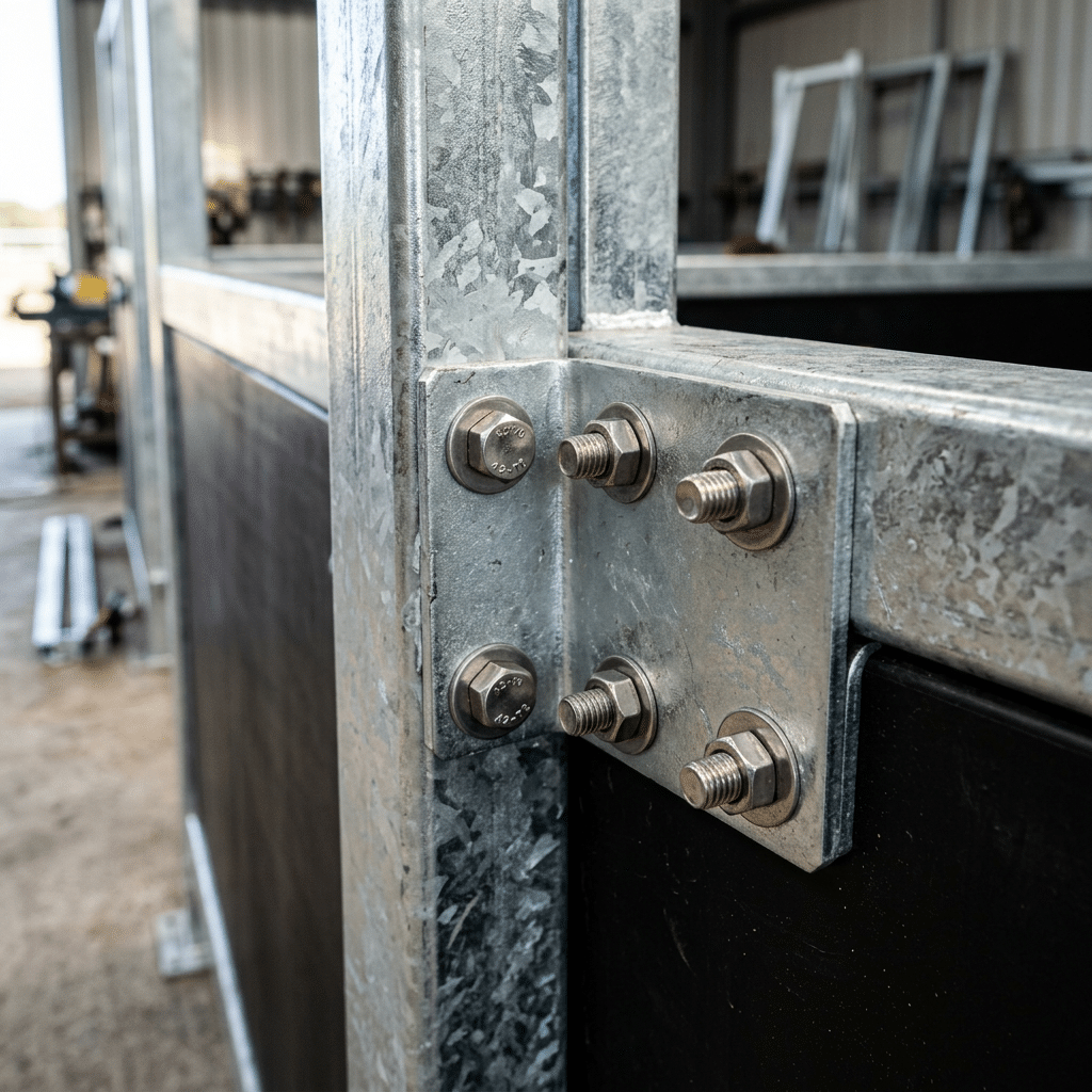Galvanized Steel Stable Panel Connection Close-up of a galvanized steel stable panel connection featuring four bolts securing the frame, showcasing durable construction for horse stalls and related equipment.