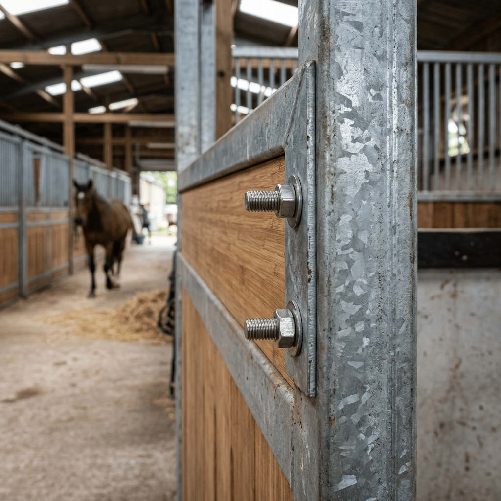 Galvanized Steel Stable Panels for Horses A close-up view of galvanized steel stable panels with wooden inserts, showcasing durable construction. In the background, a horse walks through a well-lit stable aisle.