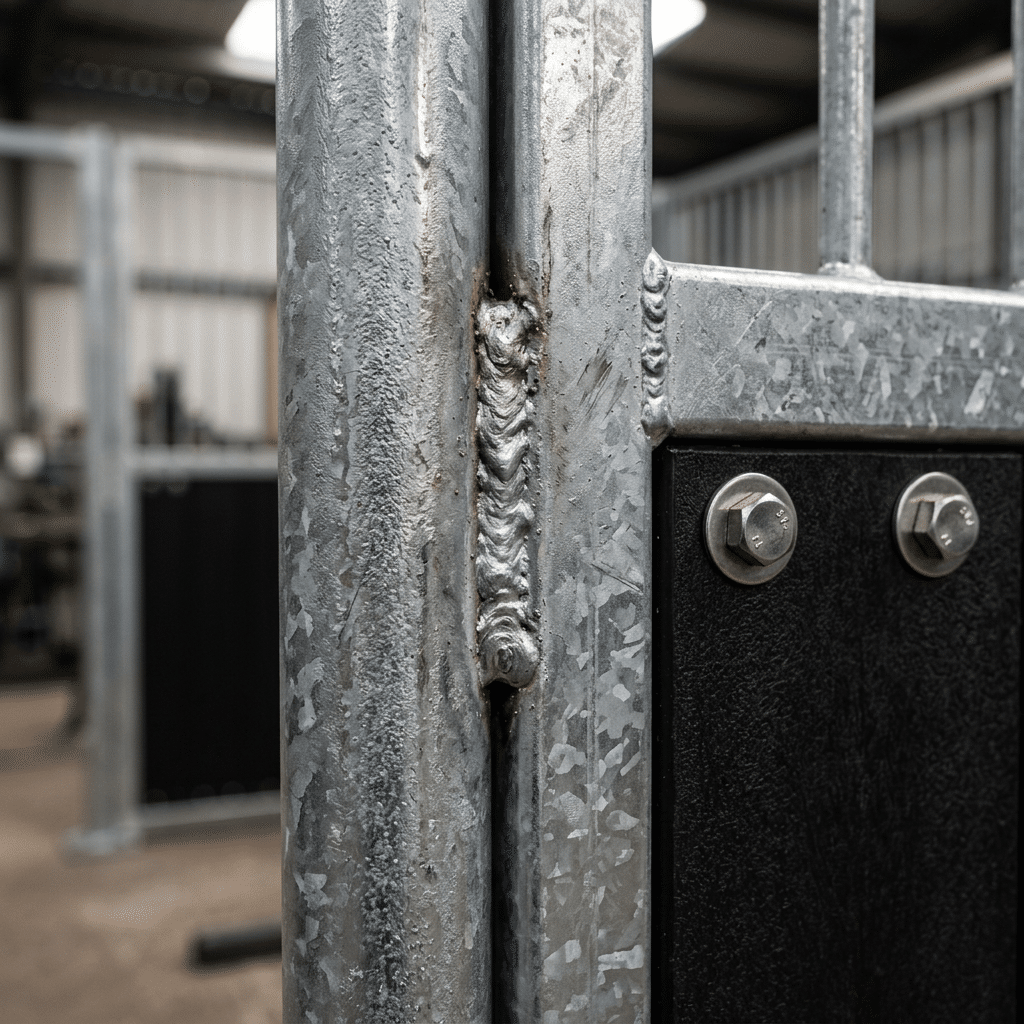 Close-up of a galvanized steel horse stall panel featuring a detailed weld seam and bolted connection, showcasing durable construction for stable equipment.