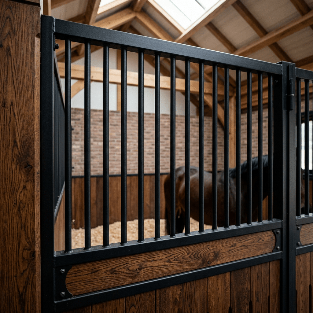 Black Metal Grill Horse Stall with Wood Infill Interior view of a professional horse stable featuring black metal grillwork on top of elegant wooden stall panels.