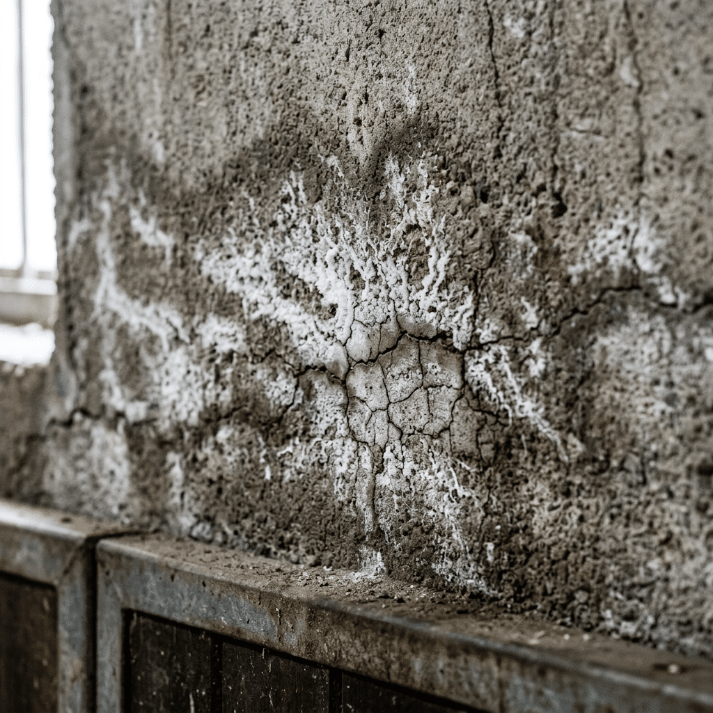 Durable Stable Equipment for Horse Stalls A close-up of a weathered concrete wall with visible cracks and patches, highlighting the need for robust stable equipment like galvanized steel panels and horse stalls.