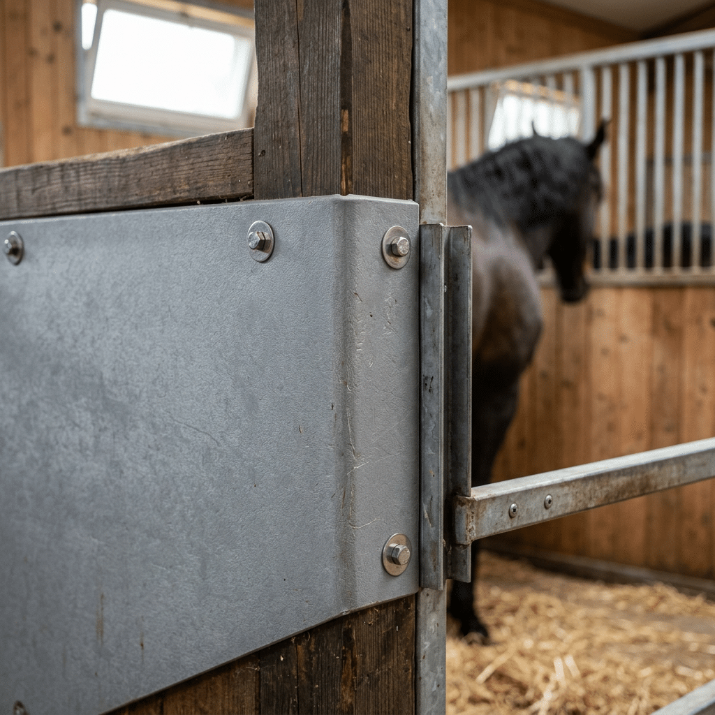 Galvanized Steel Stable Panels for Horses A close-up view of a galvanized steel stable panel with bolts, set within a wooden horse stall. In the background, a black horse is visible inside the stall, which is lined with hay.