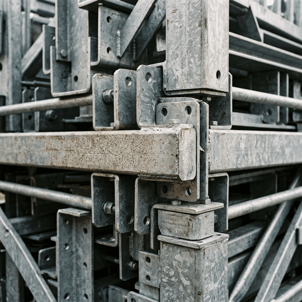 Galvanized Steel Stable Equipment Components A close-up view of galvanized steel components used in horse stable equipment, showcasing interlocking metal parts with bolts and connectors.