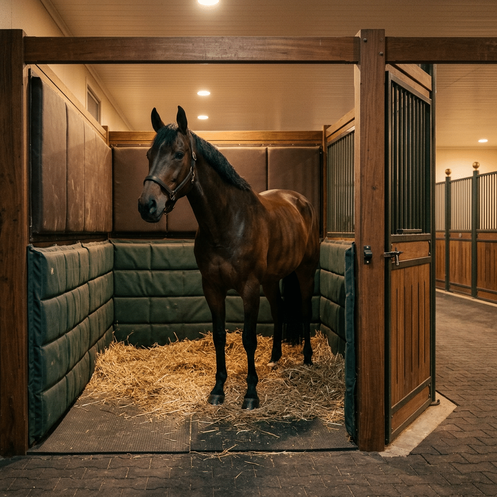 Luxury Horse Stall with Padded Walls A well-groomed brown horse stands in a luxurious indoor stall with padded green and brown walls, straw bedding, and a wooden frame, showcasing high-quality stable equipment.