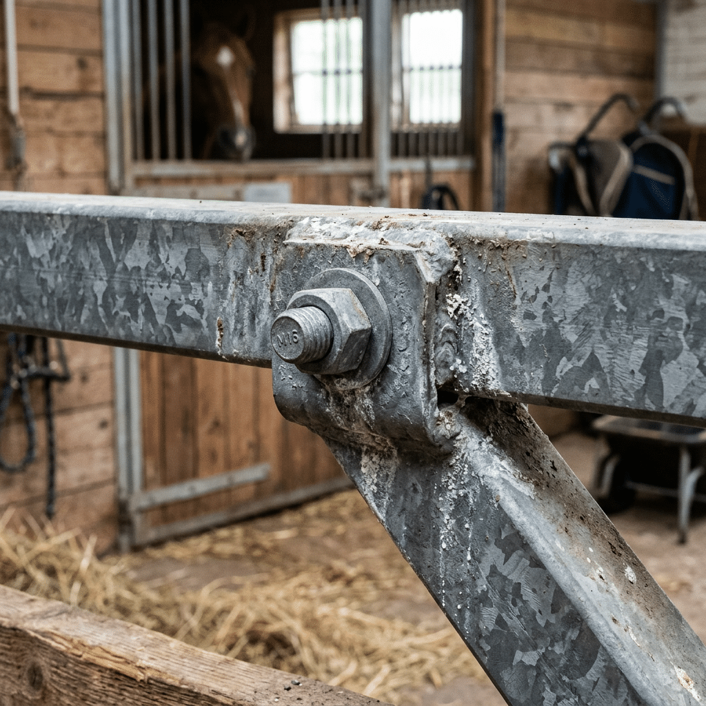 Close-up of a galvanized steel stable component with a bolt, showcasing durable horse stall equipment in a rustic barn setting.